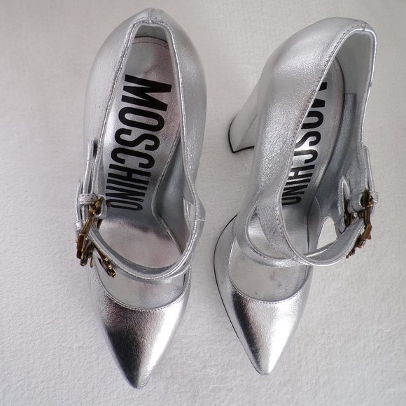 Moschino Metallic Crackle Leather Ornate Buckle Block Heel Platform Pump Lux NIB - Picture 11 of 16